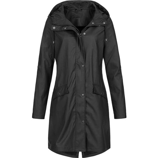 Front view of the long hooded coat in black, with zip and popper fastening, drawcord hood and two flap pockets. 1