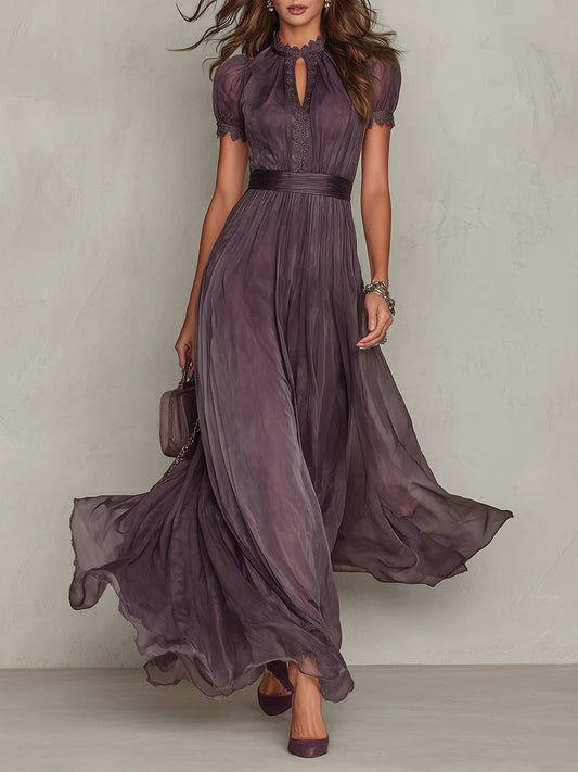 Full-length front view of the purple maxi dress on a model, showing lace trim, keyhole neckline, gathered waist and flowing skirt. 1