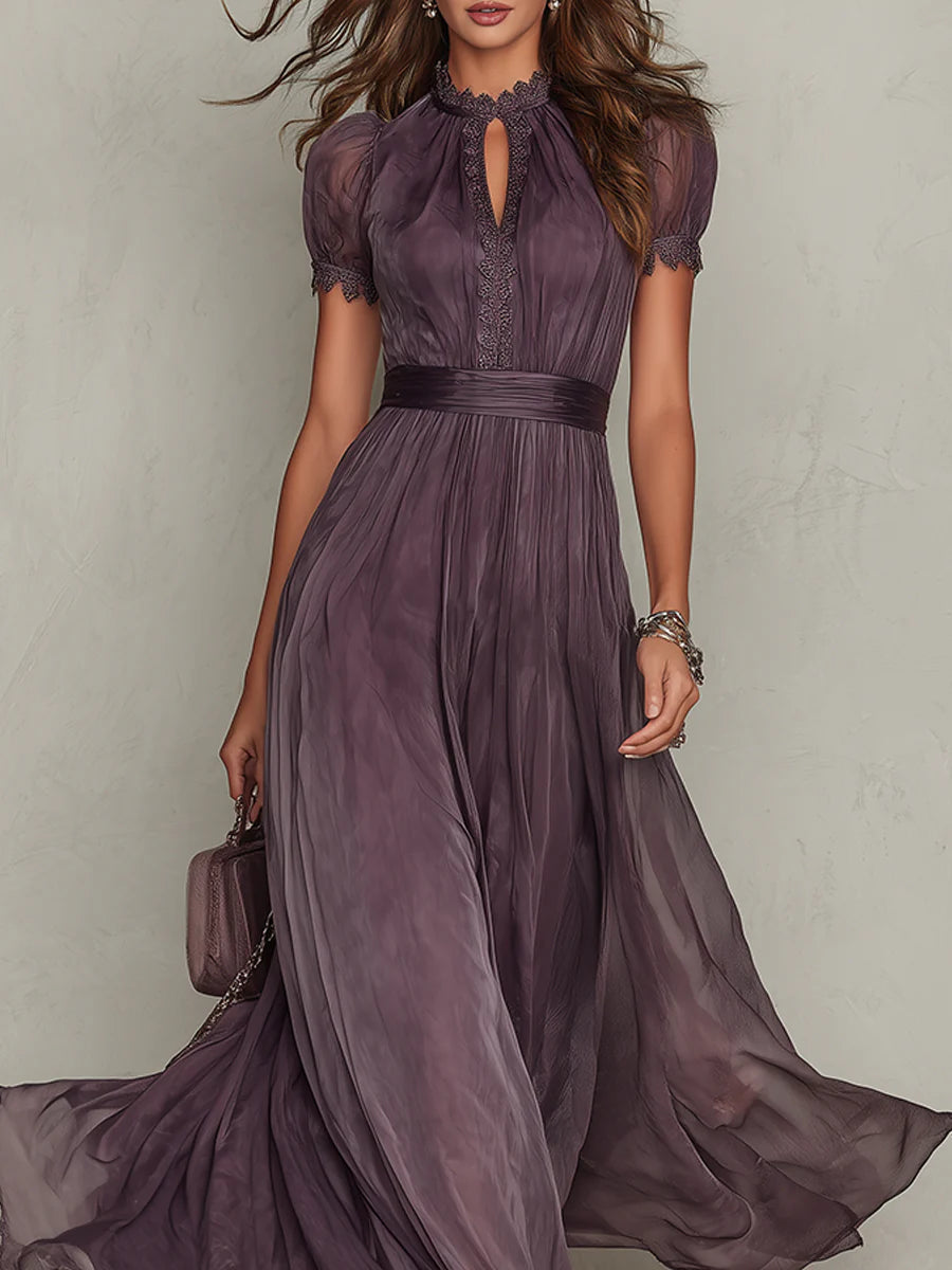 Close-up of the dress's upper half on a model, showing the lace-edged keyhole neckline, lace-trimmed puff sleeves and gathered waistband. 4