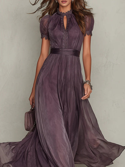 Close-up of the dress's upper half on a model, showing the lace-edged keyhole neckline, lace-trimmed puff sleeves and gathered waistband. 4