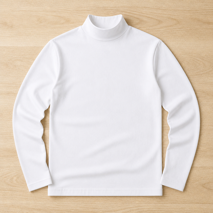 White version of the long sleeve high-neck tee laid flat on a light wooden floor. 8