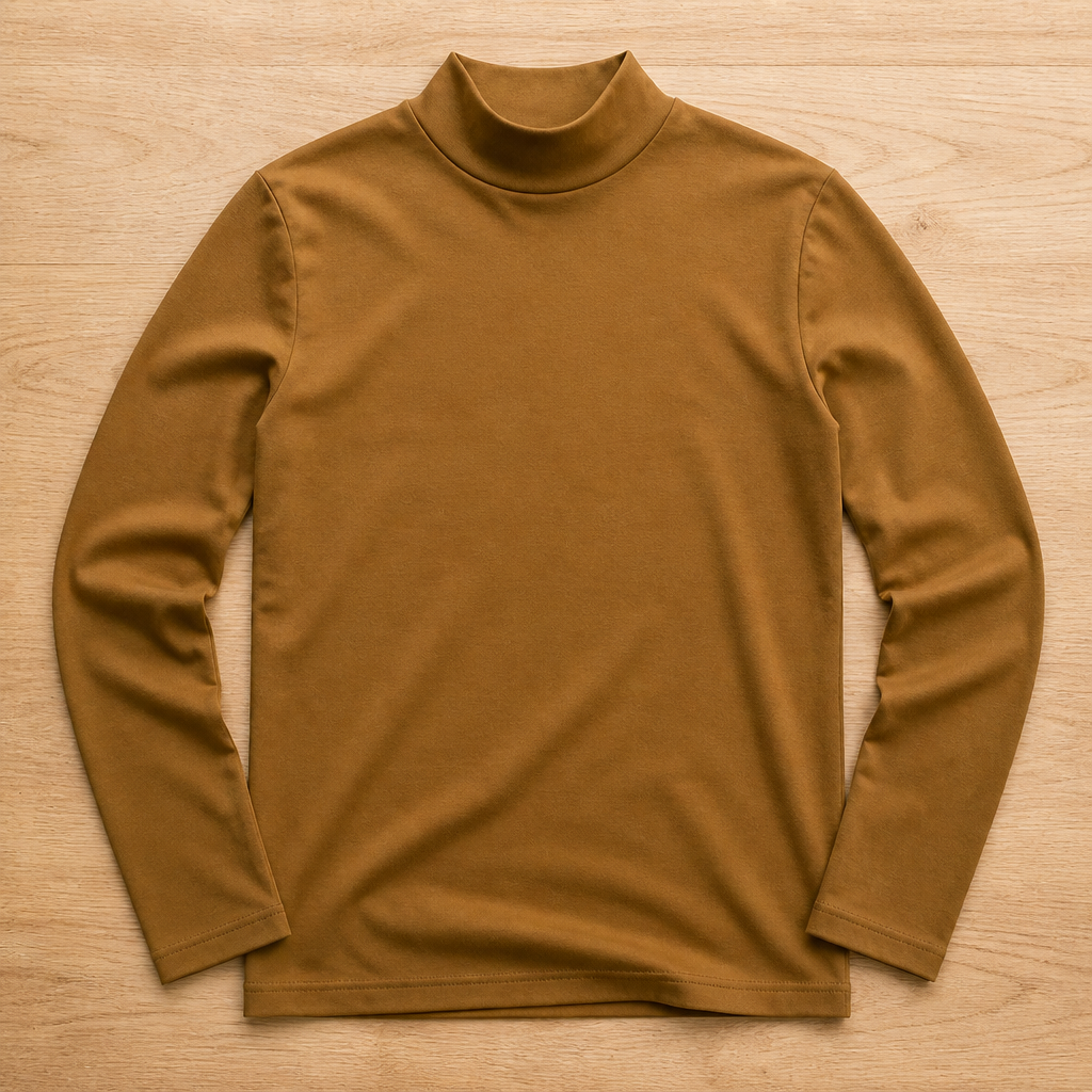 Mustard brown version of the long sleeve high-neck tee laid flat on a wooden floor. 9