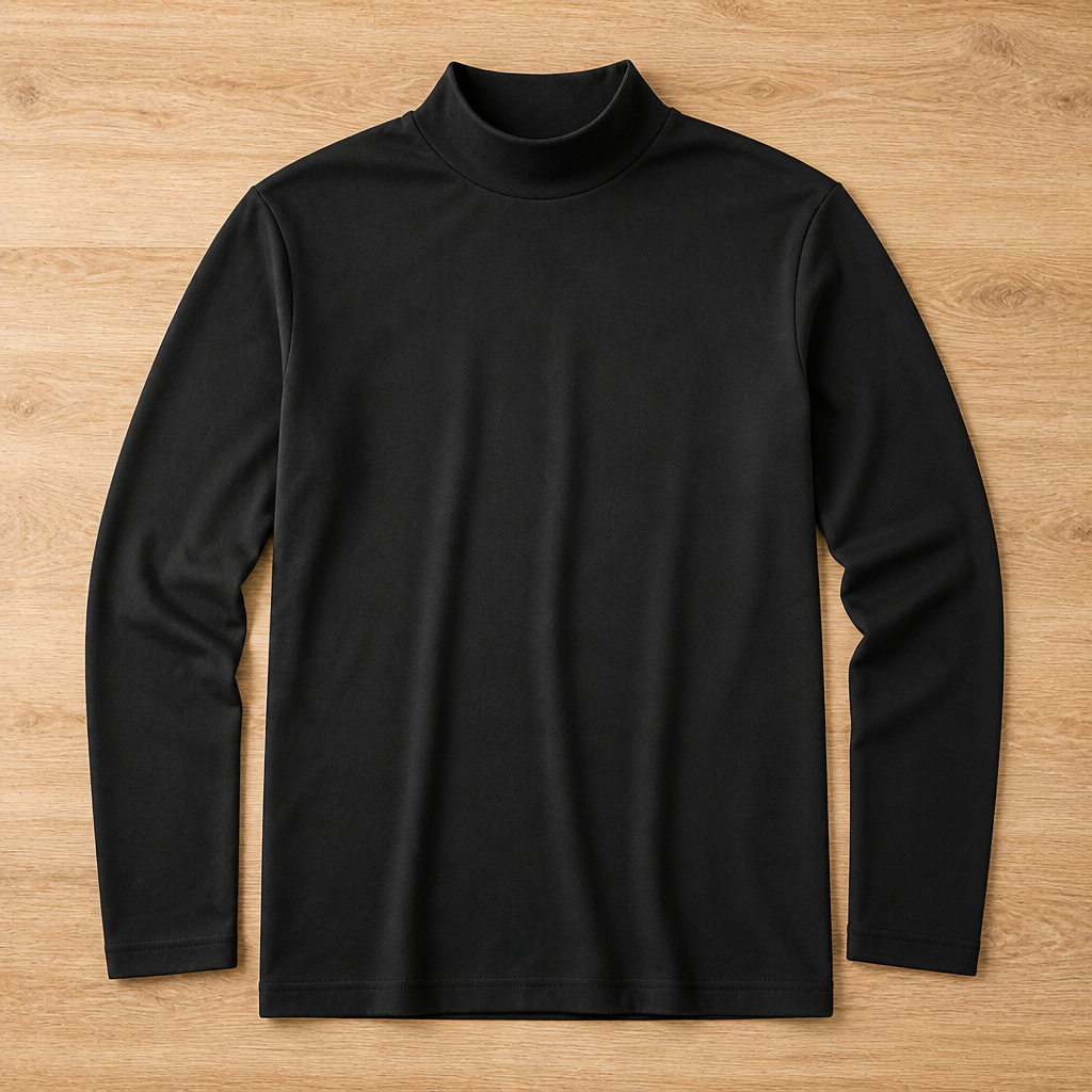 Black long sleeve high-neck tee laid flat on a wooden floor, shown from the front with sleeves down. 10